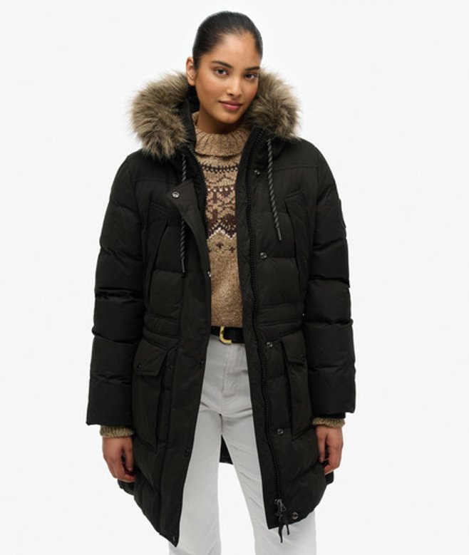 Superdry Damen Everest Mikrofaser-steppjacke mit Kunstfellbesatz Black - Größe: 40