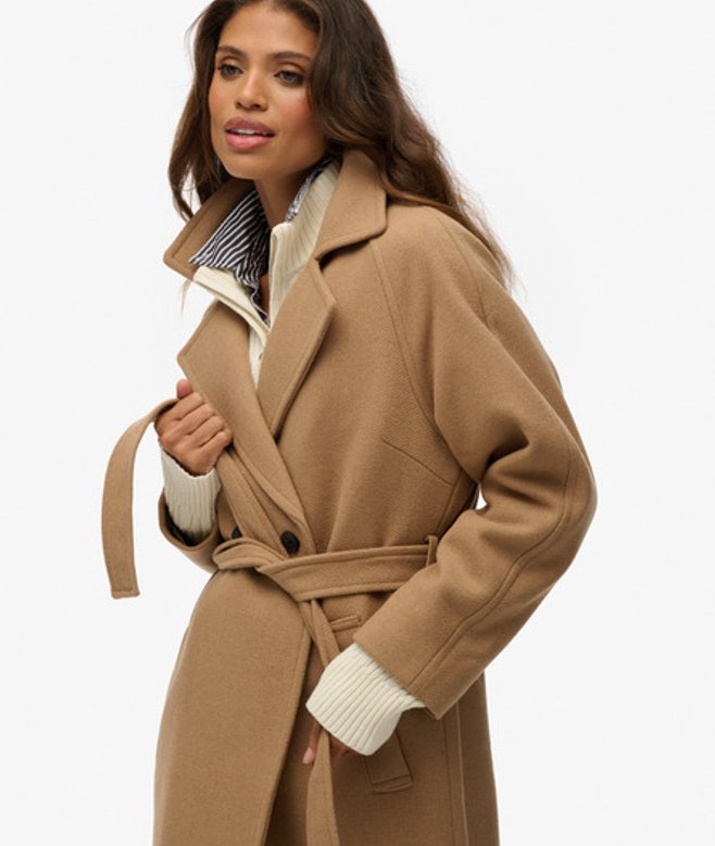 Superdry Damen Langer Wollmischungsmantel mit Lockerer Passform Brown - Größe: 42