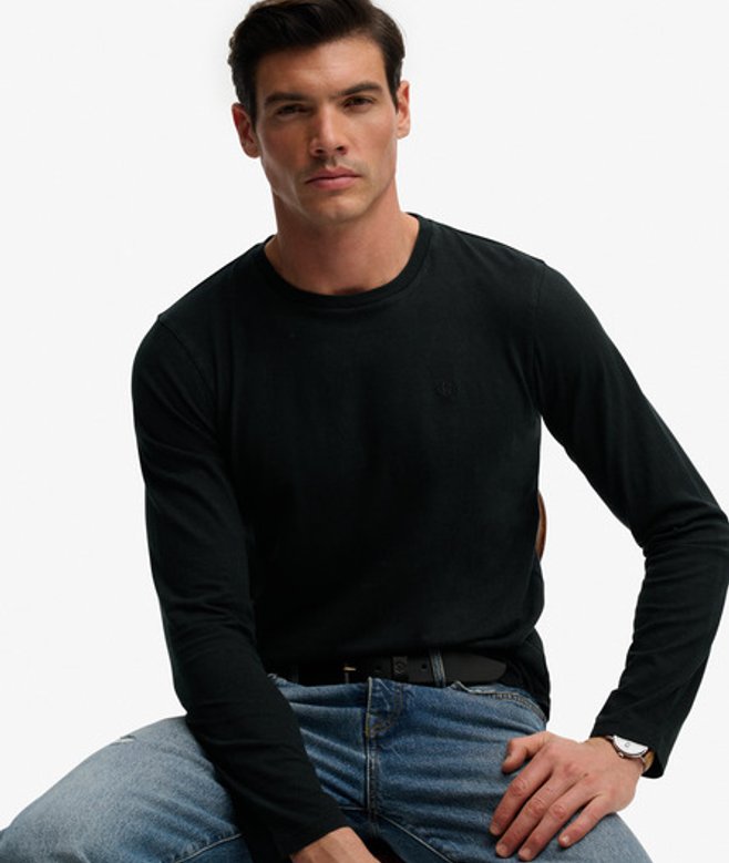 Superdry Herren Klassisches Langarmshirt aus Baumwolle und Leinen Black - Größe: L