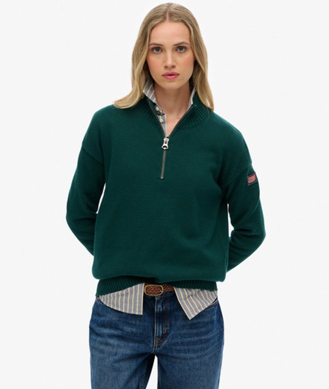 Superdry Damen Lockerer Strick-pullover mit Halbem Reißverschluss Green - Größe: 36