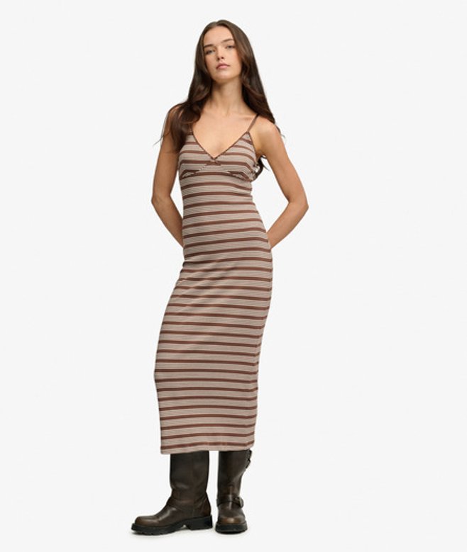 Superdry Damen Gestreiftes Maxi-kleid aus Rippjersey Brown - Größe: 40