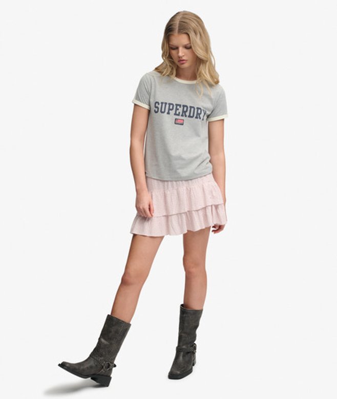 Superdry Damen Bedruckter Stufenrock in Mini-länge Pink - Größe: 40