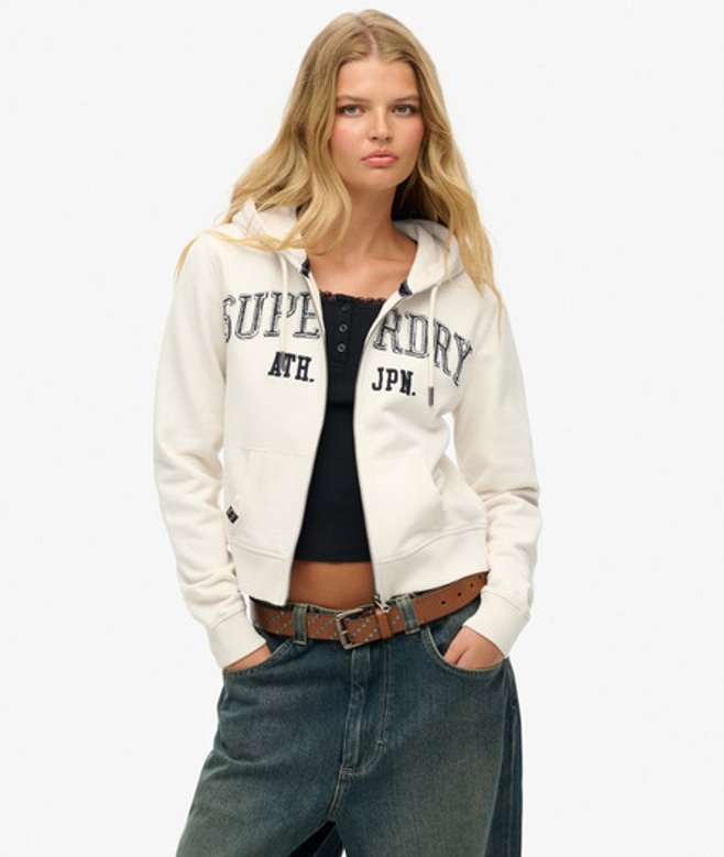 Superdry Women's Verkürzte Athletic Essentials Relaxed Kapuzenjacke Weiß - Größe: 38