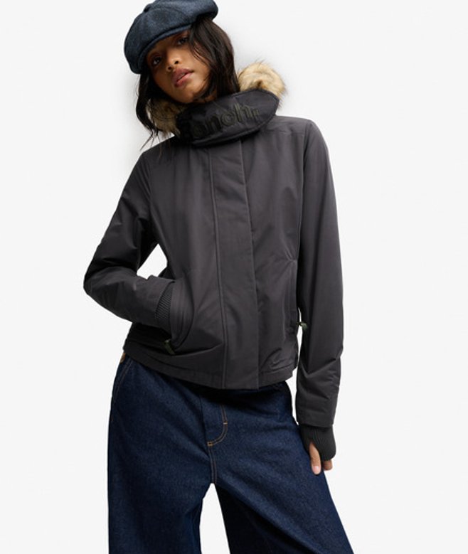 Superdry Damen Bench Windcheater-jacke mit Kunstfellkapuze Dark Grey - Größe: L