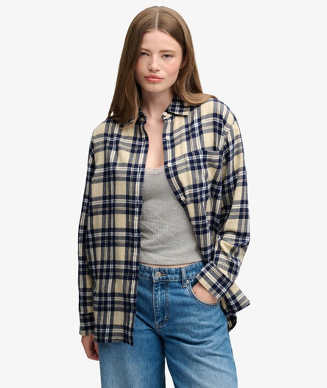 Superdry Damen Kariertes Hemd aus Flanell im Boyfriend-stil Blue - Größe: 44