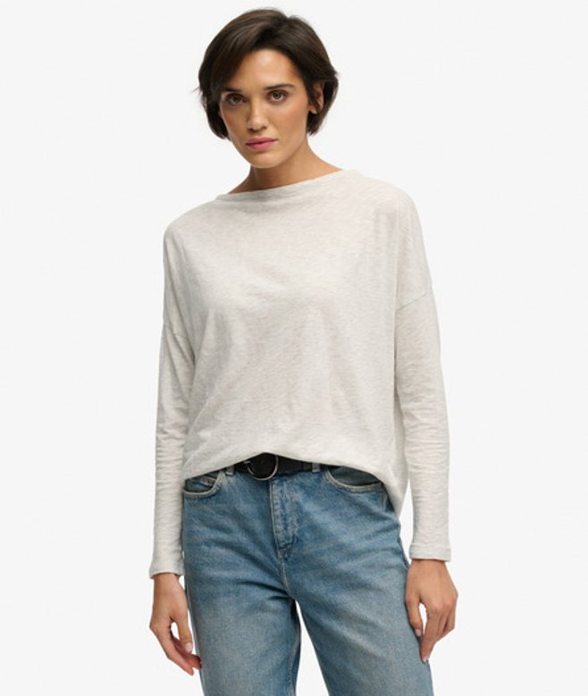 Superdry Damen Studios Bootsausschnitt Langarmshirt mit Slub-textur Grey - Größe: 42