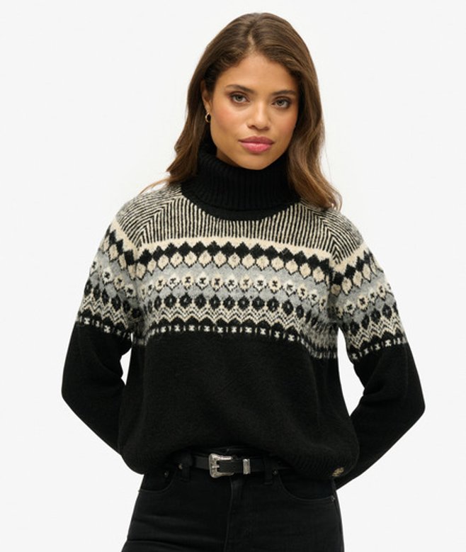 Superdry Damen Rollkragenpullover mit Norwegermuster Schwarz - Größe: 42