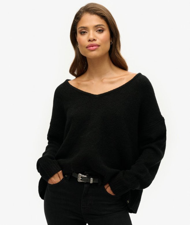 Superdry Damen Pullover mit V-ausschnitt in Übergröße Schwarz - Größe: 40