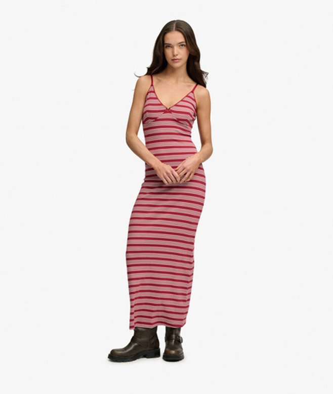 Superdry Damen Gestreiftes Maxi-kleid aus Rippjersey Red - Größe: 44