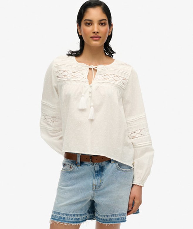 Superdry Damen Ibiza Spitzenbluse White - Größe: 44