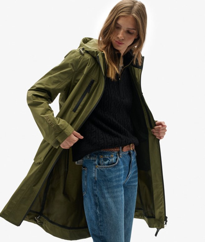 Superdry Damen Langer Shell-parka mit Kapuze Green - Größe: 40
