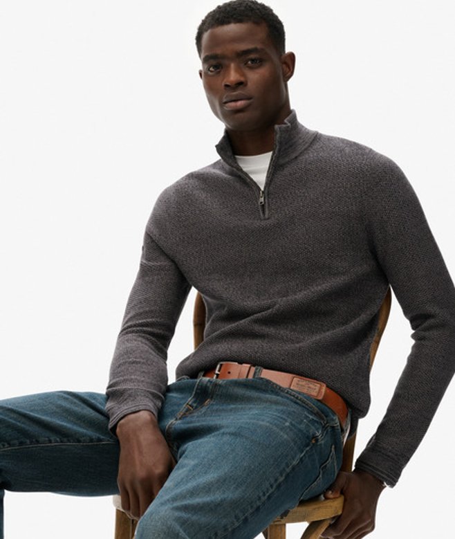 Superdry Herren Strukturierter Baumwollpullover mit Halblangem Reißverschluss Black - Größe: L