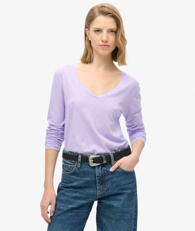 Superdry Damen Langärmeliges Jersey-oberteil mit V-ausschnitt Lila - Größe: 38