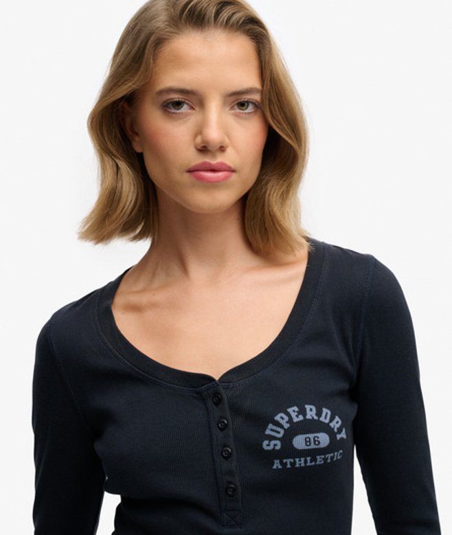 Superdry Damen Athletic Langarmshirt mit Knopfleiste Navy - Größe: 42