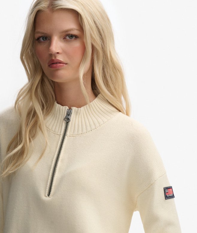 Superdry Damen Lockerer Strick-pullover mit Halbem Reißverschluss White - Größe: 38