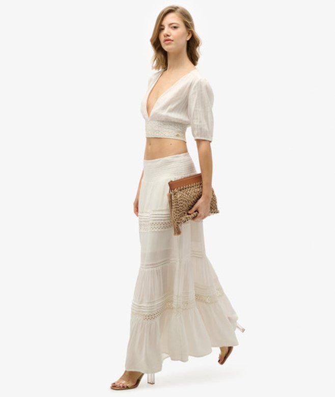 Superdry Damen Ibiza Maxirock aus Spitze White - Größe: 44
