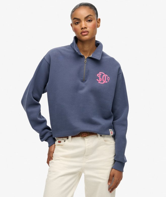 Superdry Damen Sd & co. Pullover mit Kragen und Reißverschluss Navy - Größe: 40