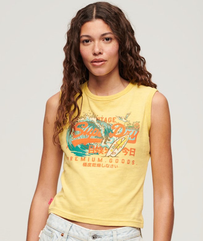 Superdry Damen Schmales LA Vintage Trägerhemd mit Logo-grafik Gelb - Größe: 44