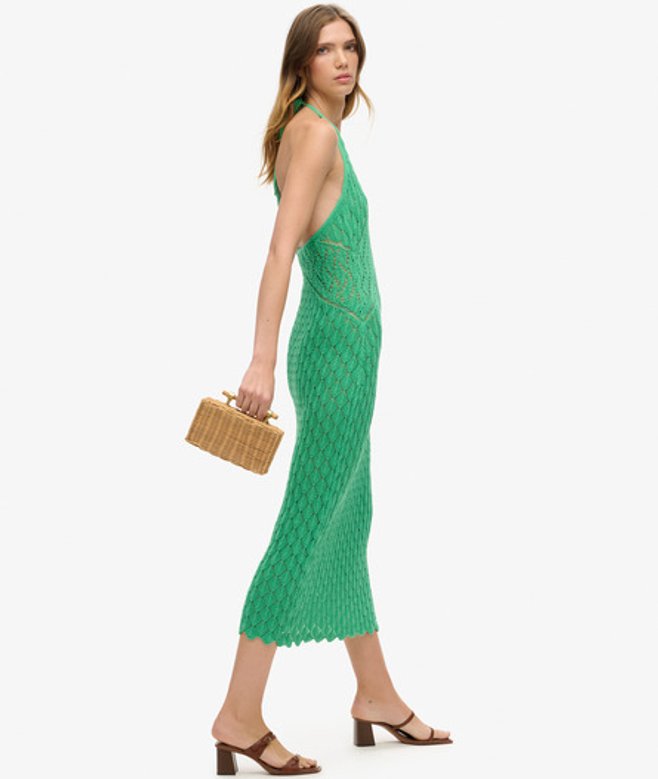 Superdry Damen Häkel-maxikleid mit Nackenträger Grün - Größe: 36