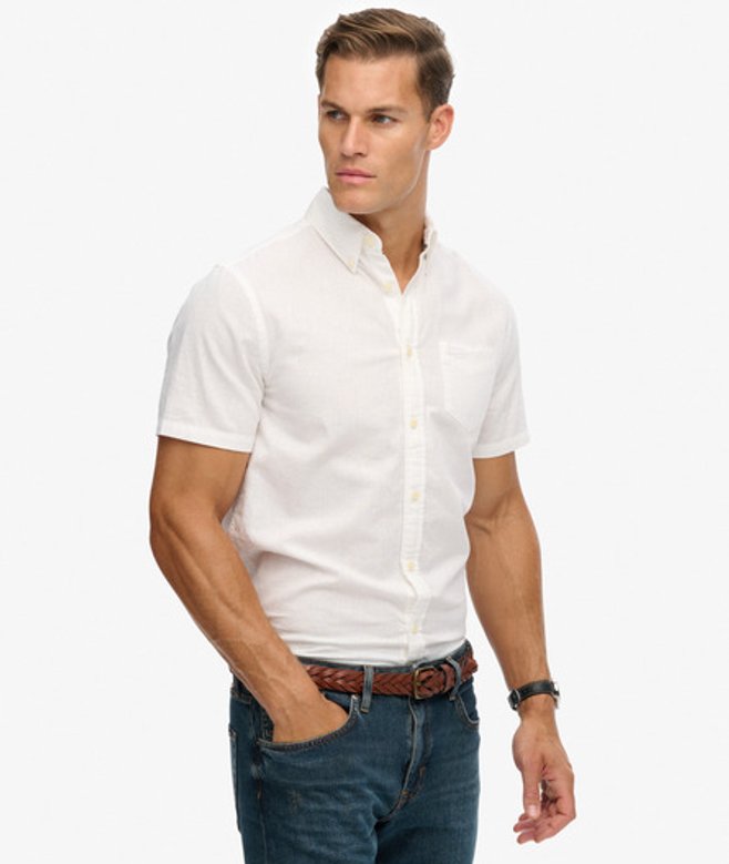 Superdry Herren Kurzärmeliges City Baumwoll-leinenhemd White - Größe: Xxl