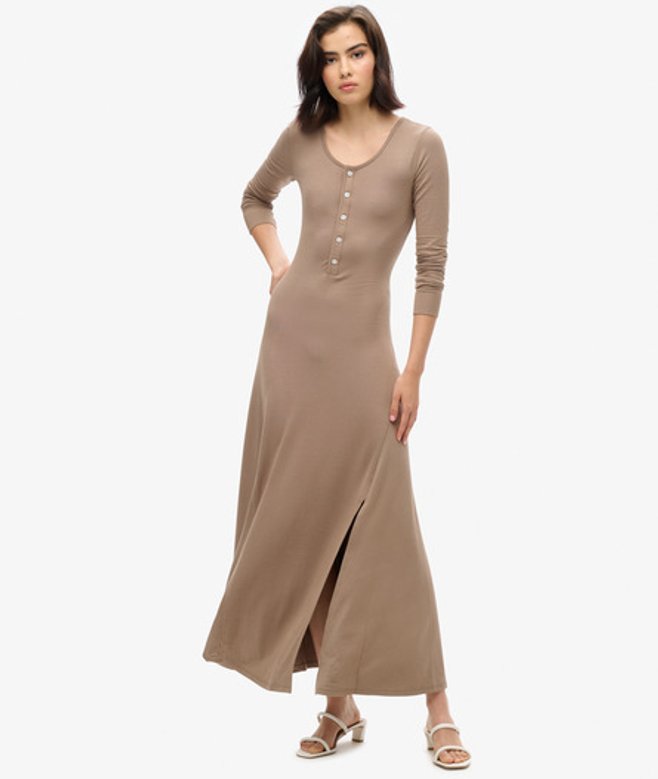 Superdry Damen Midikleid mit Halblanger Knopfleiste Braun - Größe: 44
