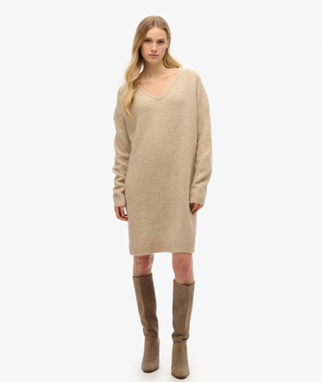 Superdry Damen Übergroßes Pulloverkleid mit V-ausschnitt Beige - Größe: 38
