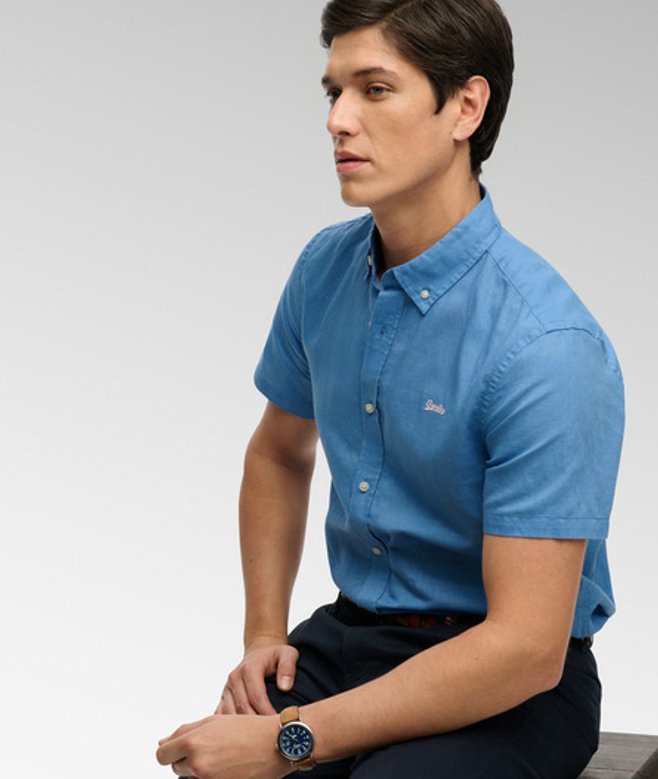 Superdry Herren Kurzärmliges Hemd aus Baumwolle und Leinen Blue - Größe: S