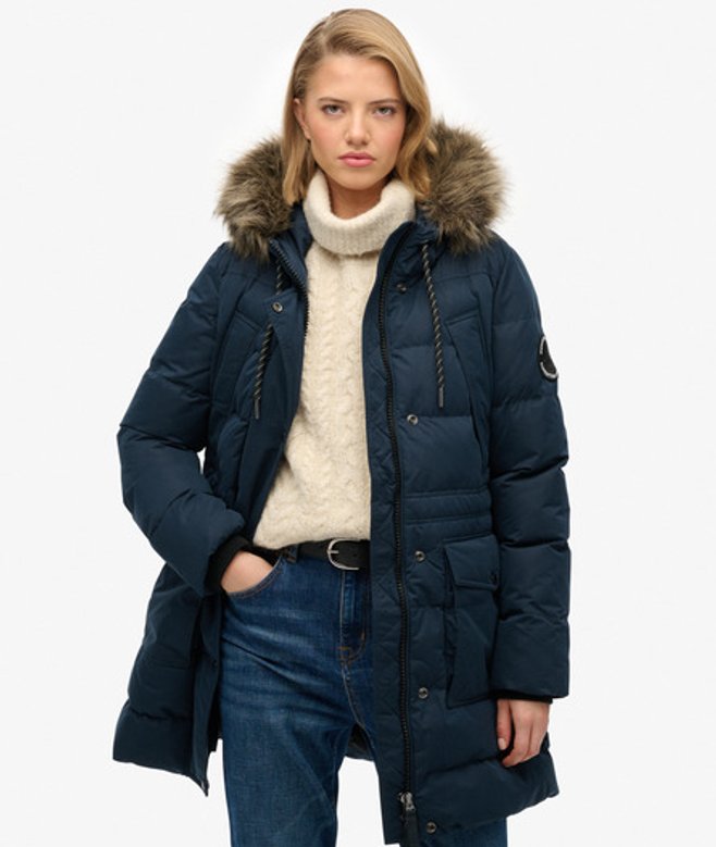 Superdry Damen Everest Mikrofaser-steppjacke mit Kunstfellbesatz Navy - Größe: 42