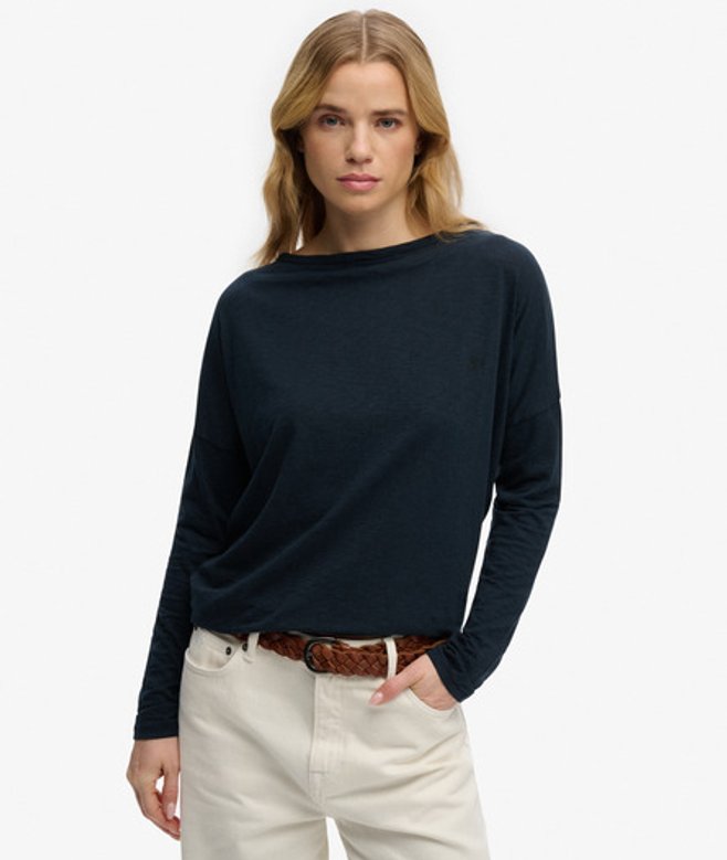 Superdry Damen Studios Bootsausschnitt Langarmshirt mit Slub-textur Navy - Größe: 40