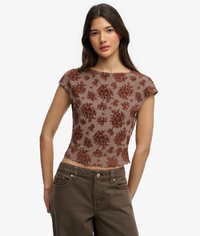Superdry Damen Beflocktes Mesh-oberteil mit Kurzen Ärmeln Brown - Größe: 40