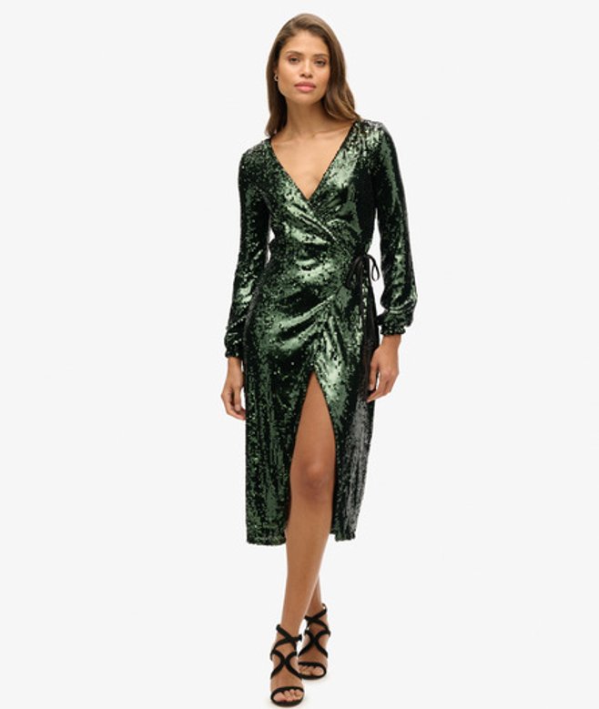 Superdry Damen Grün Maxikleid in Wickeloptik mit Pailletten Patchwork, Größe: 38