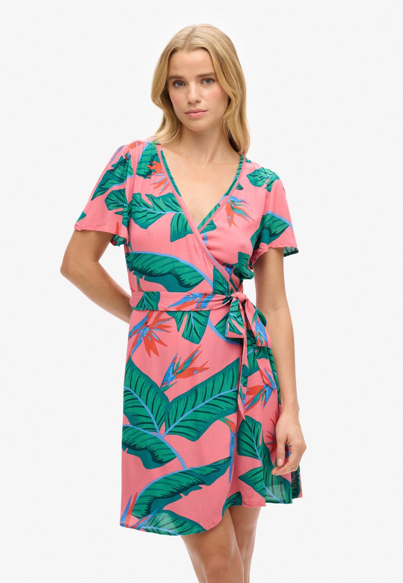 Superdry Damen Kurzes Mini-wickelkleid mit Print Grün/rosa - Größe: 44