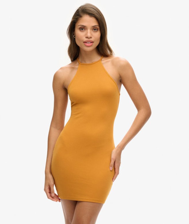 Superdry Damen Jersey-minikleid mit Trägern und Ringerrücken Gelb - Größe: 38
