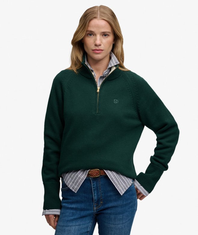 Superdry Damen Classic Cotton Strickpullover mit Reißverschluss Grün - Größe: 44