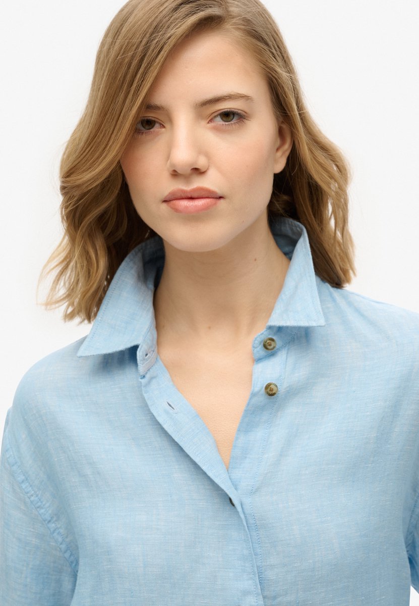 Superdry Damen Lässiges Hemd aus Leinen im Boyfriend-stil Blau - Größe: 38