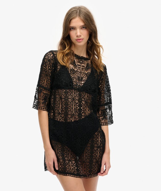 Superdry Damen Strand-minikleid mit Spitze Schwarz - Größe: 14-16