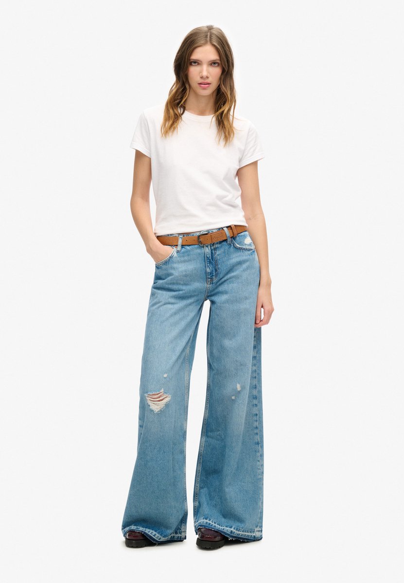 Superdry Damen Ausgestellte Jeans mit Unversäubertem Saum und Weitem Bein Blau - Größe: 26/32