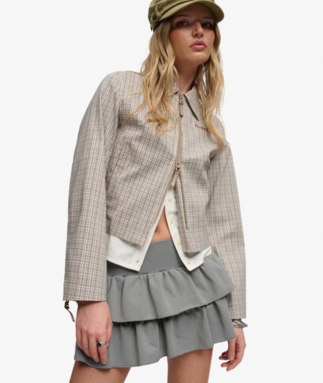 Superdry Damen Bench Karierte Jacke mit Doppelreißverschluss Beige - Größe: L