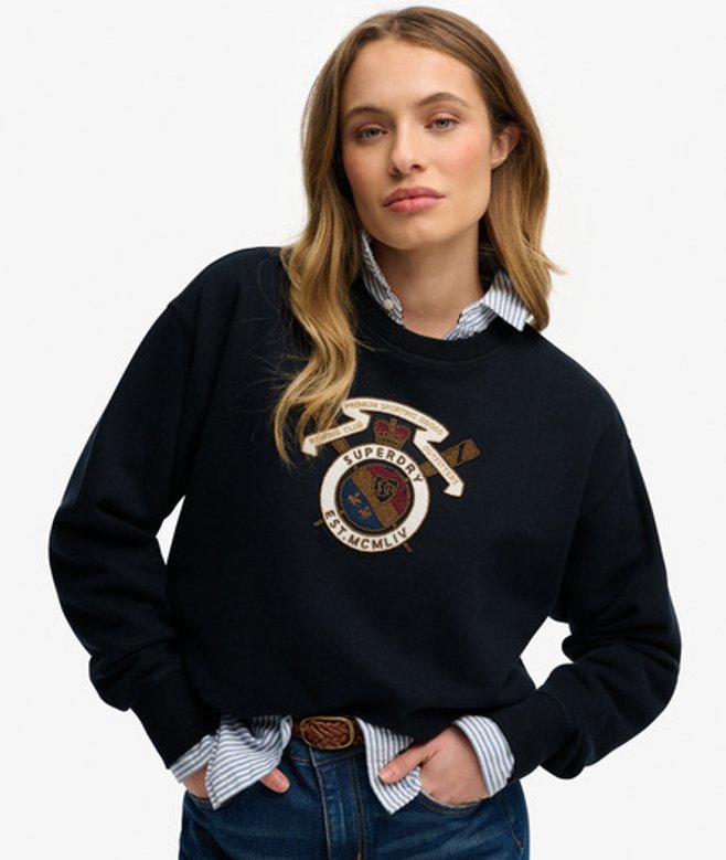 Superdry Damen Baumwolle Gesticktes Crest Lockerer Rundhals Pullover, Marineblau & Beige - Größe: 42
