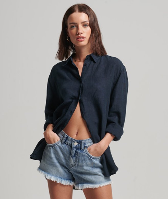 Superdry Damen Gestreifte Hose aus Bio-baumwolle mit Elastikbund Blue - Größe: 42