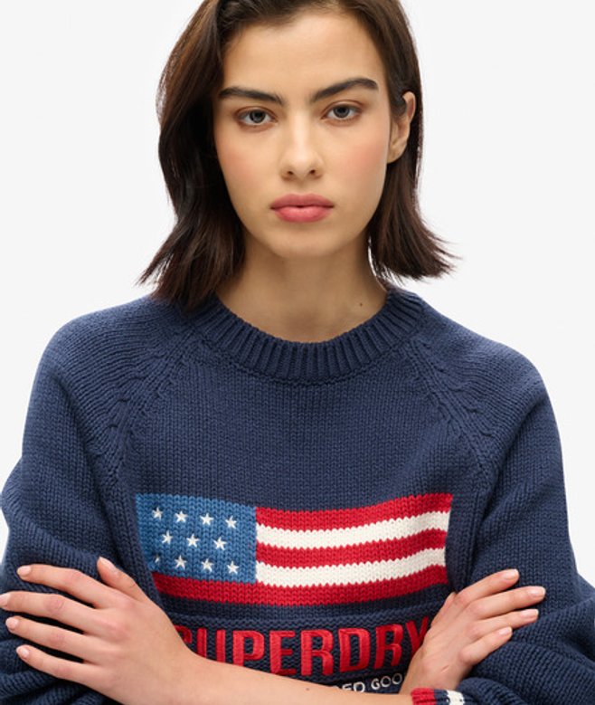 Superdry Damen Americana Strickpullover mit Rundhalsausschnitt Marineblau - Größe: 44