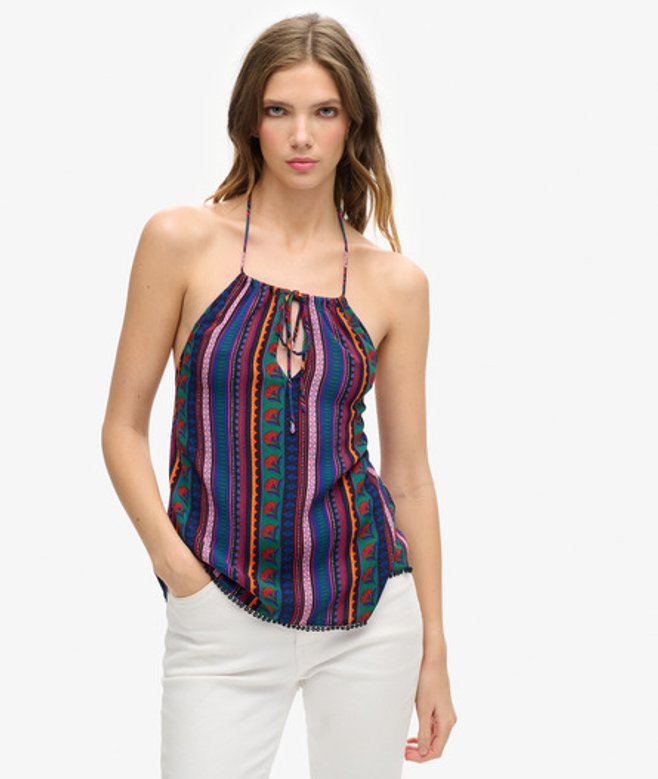 Superdry Damen Strandoberteil mit Nackenträger und Print Blau - Größe: 40
