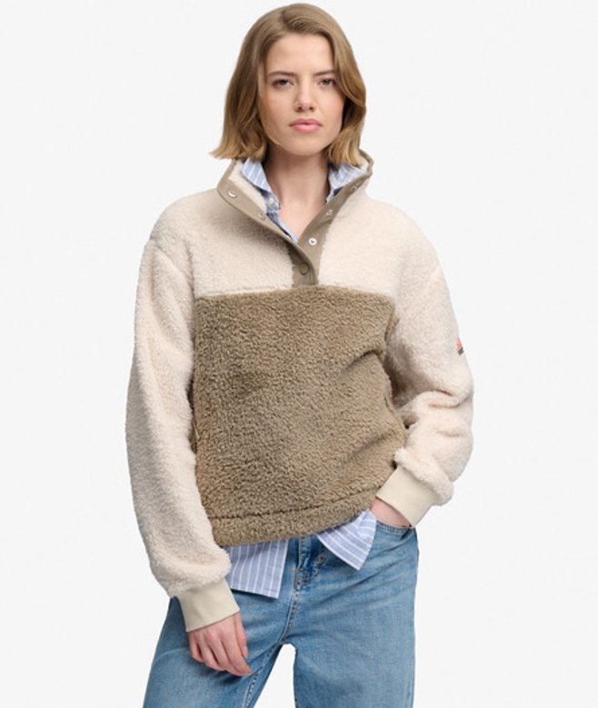 Superdry Damen Superweicher Mash Up TeddyFleece Henley Pullover, Beige & Braun - Größe: 42