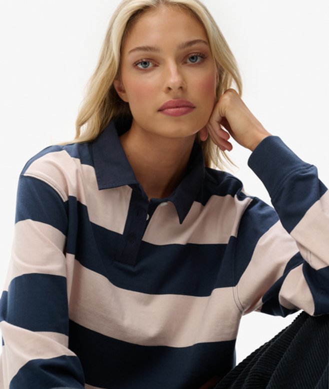 Superdry Damen Athletic Essentials Gestreiftes Rugby-oberteil in Cropped-länge Pink - Größe: 42