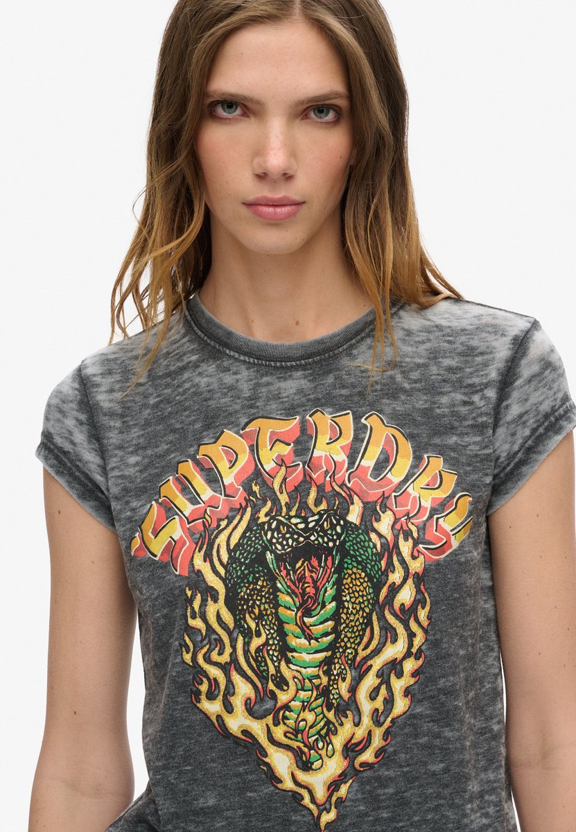 Superdry Damen Schwarz und Gelb Biker Rock T-Shirt mit Grafik, Größe: 44