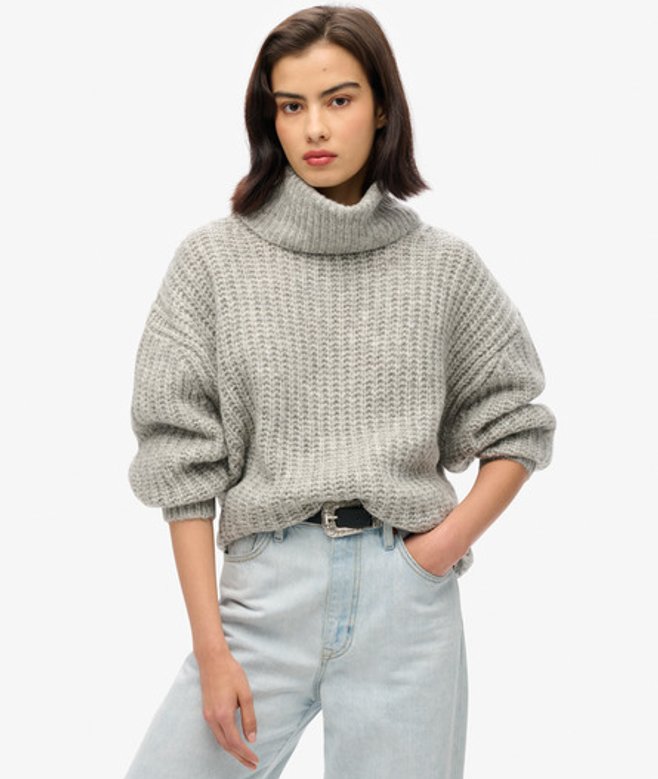 Superdry Damen Angerauter, Gerippter Pullover mit Ausschnitt in Knautschoptik Grau - Größe: 34-36