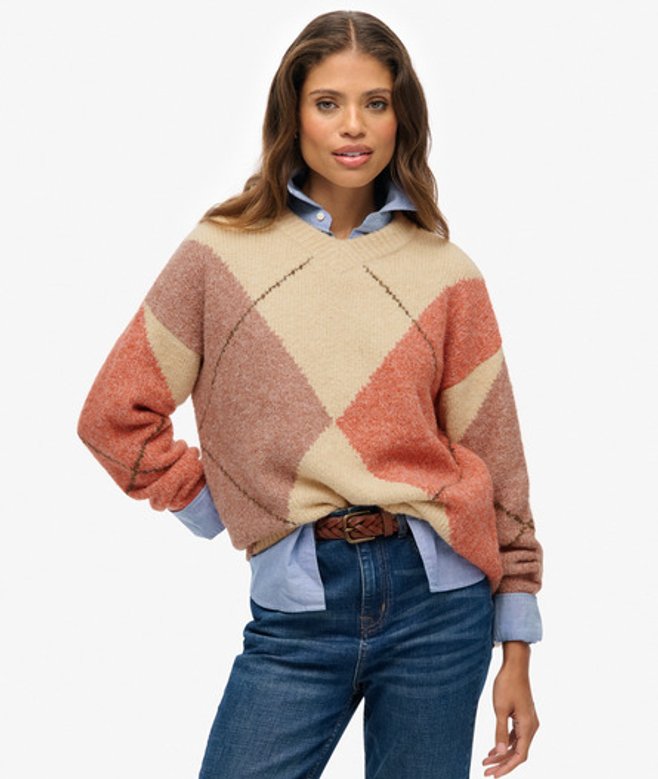 Superdry Damen Übergroßer Argyle-pullover mit V-ausschnitt White - Größe: 42