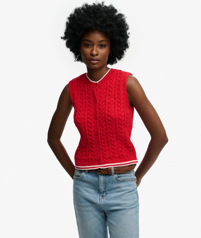 Superdry Damen Cable Knit Tanktop mit Knopfleiste Red - Größe: 38
