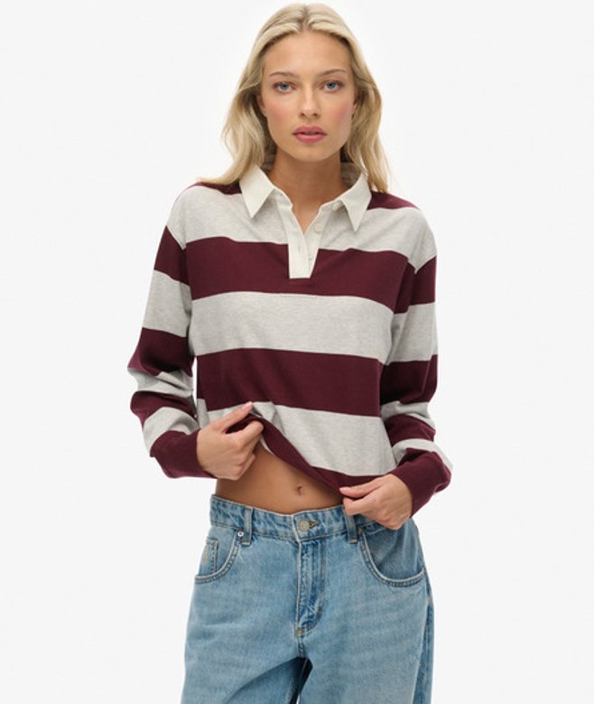 Superdry Damen Athletic Essentials Gestreiftes Rugby-oberteil in Cropped-länge Red - Größe: 40