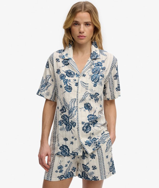 Superdry Damen Beach Printed Kurzarmhemd Cream - Größe: 44